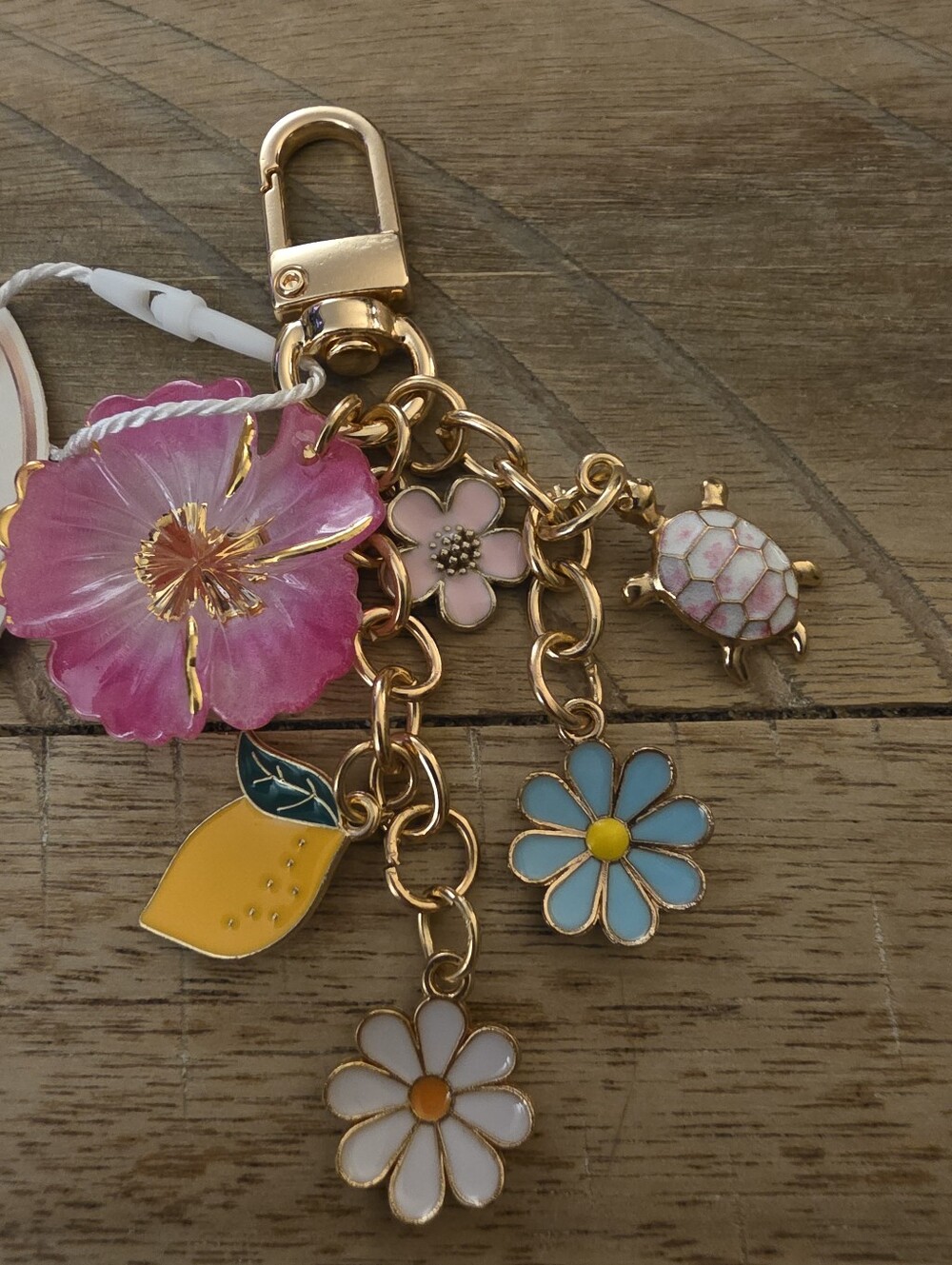 Gold-Tone Floral & Turtle Bag Charm Keychain with Pink Flower